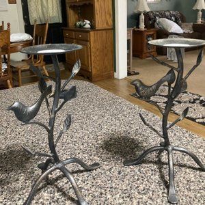 (2) wrought iron candle holders with birds